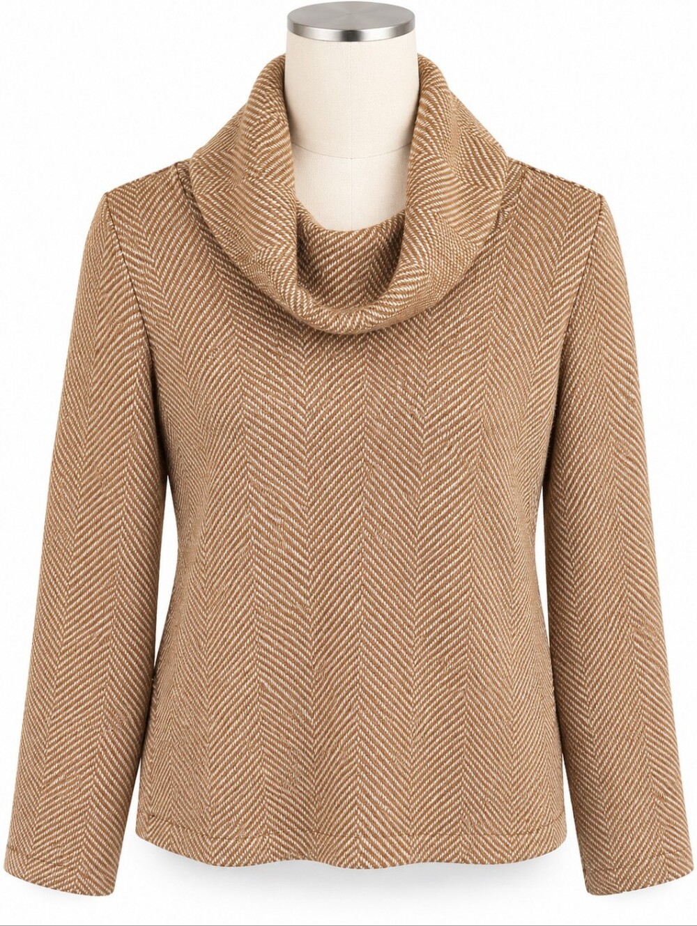 J Crew Factory Fleece Pullover Top Womens Medium M Tan Herringbone Funnel Neck